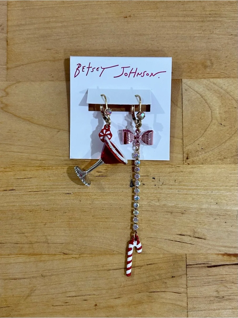 Betsey Johnson Peppermint Martini Christmas Mismatched Dangle Drop Earrings